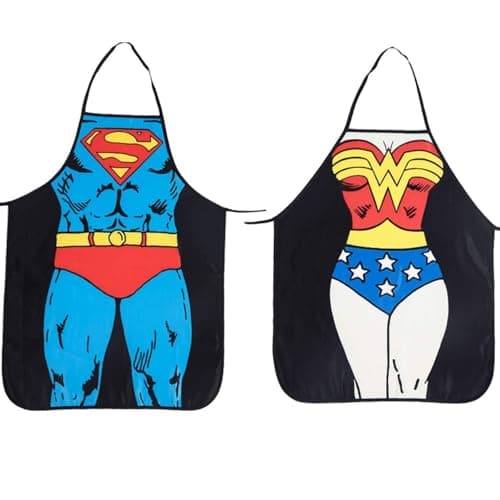 Image of Cycorld Funny Apron Valentine's Gifts: Christmas Kitchen Gift for Couples Xmas BBQ Party Funny Novelty Set for Him Her(2pcs Superman + Wonder Woman Aprons)