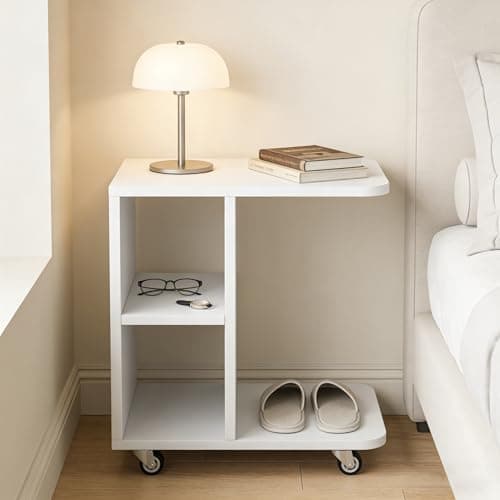 Image of Temopow C-Shape End Table Side Table Living Room End Desk Unit w/ 2 Shelves 4 Wheels White 40x28x48cm Home Office Furniture (White)