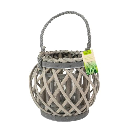 Image of JVL Luna Natural Round Willow Wood Lantern With Braided Rope Handle, Grey Wash