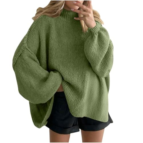 Image of NSICBMNO Green Oversized Jumper Women Batwing Tops Knitted Jumpers Mock Neck Sweatshirt Long Tunic Tops Ribbed Knit Sweater Long Sleeve Baggy Sweaters Pullover Casual Blouses Y2K Streetwear