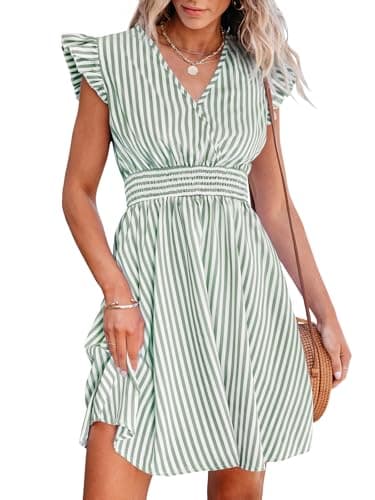 Image of CUPSHE Women's Mini Dress Striped V Neck Flutter Sleeve Smocked Waist A Line Casual Summer Dresses Green Striped M