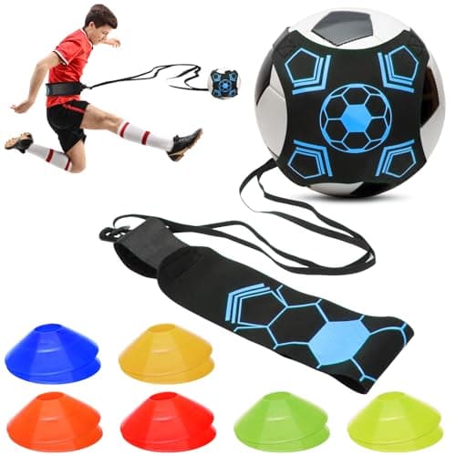 Image of Hoedia Football Kick Trainer Soccer with Soccer Cones Training Aid Belt Hands Free Solo Close Control and Skills Football Training Equipment Fits Ball Size 3, 4, and 5 (Blue)