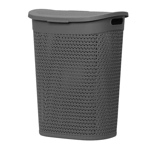 Image of 60L Laundry Basket with Lid - Large Plastic Washing Basket with Handles - Heavy-Duty Rattan Laundry Bin Hamper Clothes Storage Organiser for Bedroom & Bathroom - Grey, 60 Litre