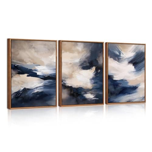 Image of HPNIUB Blue Abstract Brush Stroke Framed Wall Art, Modern Minimalist Color Block Canvas Wall Decor, Earth Tone Shape Wall Painting, Beige Neutral Art Print for Living Room, Bedroom, Office 30x40cm
