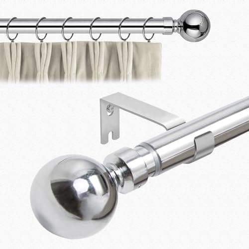 Image of Aspire Homeware Curtain Poles Metal Plain Ball Extendable Curtain Pole 160 cm to 300 cm Chrome Adjustable Curtain Rod 28 mm Diameter with 60 mm Finials, Rings, Brackets, and Fittings Set