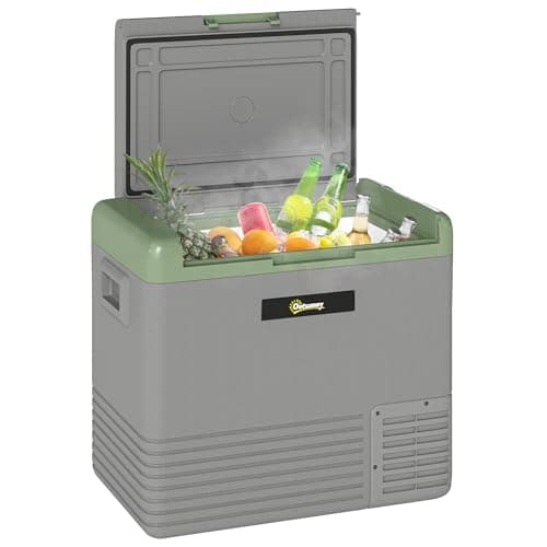Image of Outsunny 50L Car Refrigerator, Portable Compressor Car Fridge Freezer, Electric Cooler Box with 12/24V DC and 110-240V AC for Camping, Driving, Picnic, Down to -20℃, Light Green and Grey