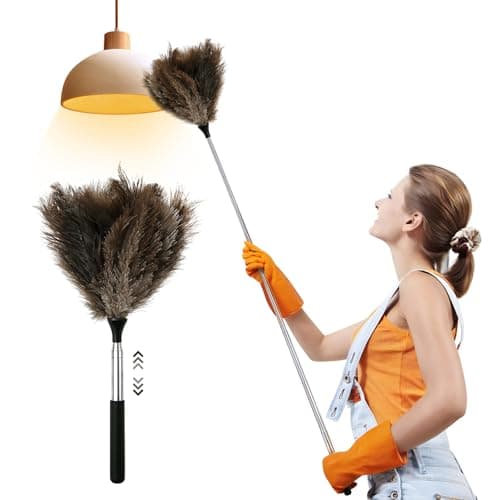Image of GWCYMYD Extendable Ostrich Feather Duster, 45'' Reusable Ostrich Feather Duster with Metal Handle, Fluffy Natural Genuine Feathers Cleaning Supplies for Cleaning Ceiling Fan, Blinds, Car (Black 116cm)