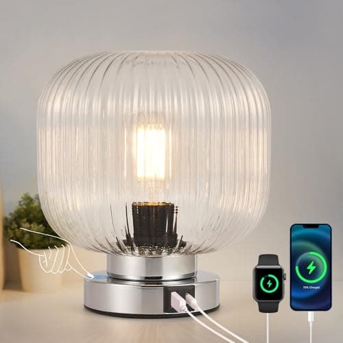 Image of HARPER LIVING Table Lamp with USB-C & USB-A Charging Ports, Touch Control Dimmable E27 Desk Lamp, Clear Glass Shade & Chrome Base Bedside Light for Bedroom Office Study, E27 Socket No Bulb