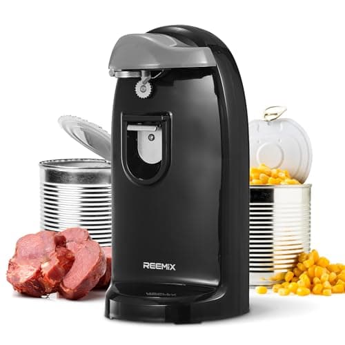 Image of Reemix Electric Can Opener, One-Touch Operation, Knife Sharpener and Bottle Opener 3 in 1, Easy Clean Kitchen Tool for Home Use, Automatic Can Opener, Black