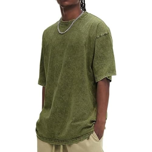 Image of Generic Men's Army Green Solid Boxy Oversized Drop Sleeve T-Shirt, 3XL, Crew Neck, Short Sleeve, Casual, 1 count