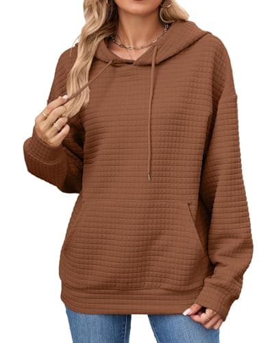 Image of iChunhua Basic Ladies Sweatshirts and Hoodies Pullover Lightweight Stylish Waffle Long Sleeve Hooded Top Ladies Brown S