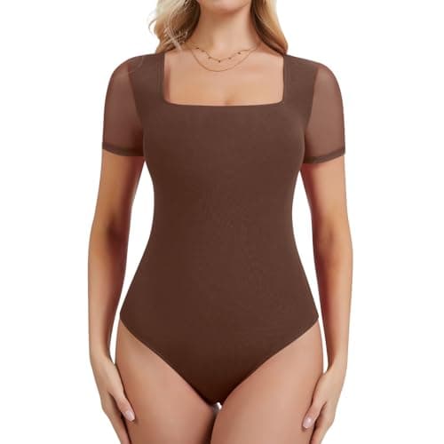 Image of SHAPERIN Women Bodysuit Top Short Sleeve Square Neck Tops Elegant Mesh Bodysuits Slim Fit Summer T-shirt, Brown, M