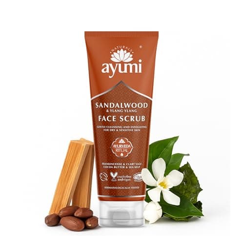 Image of Ayumi Sandalwood Face Scrub | Dry Skin Exfoliating Face Scrub | Black Head Remover for Face with Sea Kelp | Dull Skin Face Exfoliator Scrub | Aromatic Face Scrub for Women & Men | 1 x 125 ml