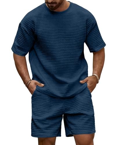 Image of KUYIGO Mens Co Ord Sets Shirt and Shorts Waffle Texture Lounge Wear Stretchy Comfort Short Sleeve Sweatshirt and Jogging Bottoms Outfits, Navy L
