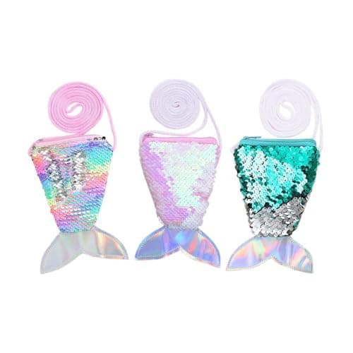 Image of 3Pcs Mini Children's Coin Purse Cute Mermaid Tail Sequins Zipper Wallet Fashionable Kids Wallet Change Purse Glittering Crossbody Bag Coin Purse