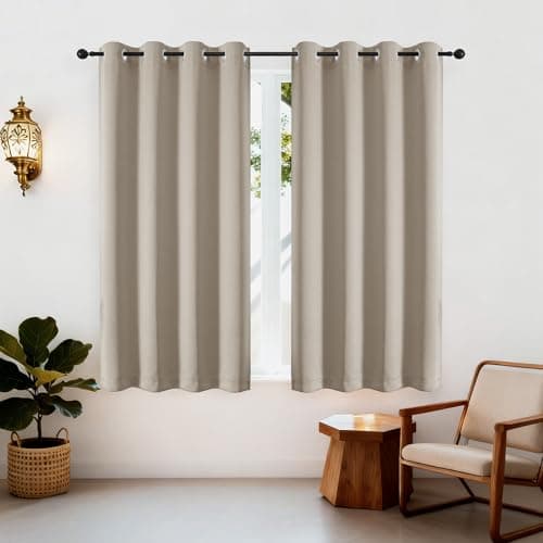 Image of Simplebrand Ava Stone Short Blackout Eyelet Curtains for Bedroom 137 cm Long 2 Panels Set, Solid Thermal Insulated, Energy Saving Window Treatment Curtains Blackout Drapes, W 140 cm x L 137 cm
