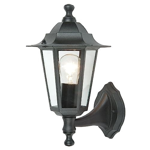 Image of Black & Clear Glass Panel Outdoor Vintage Up Coach Lantern Wall Light | IP44 Rated | 31cm Height | 1 x ES E27 Lamp Required | Garden - Patio - Driveway | UK Approved | Aluminium