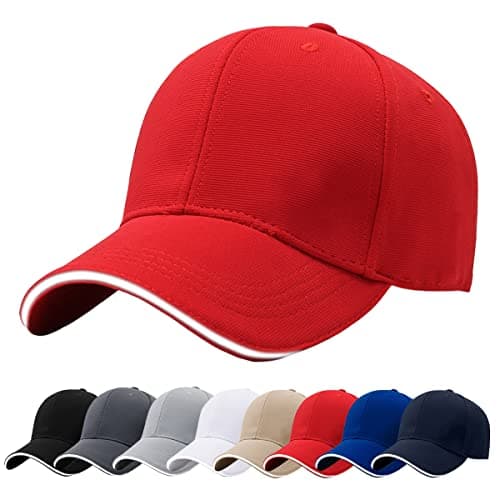 Image of Baynetin Men Baseball Caps, 100% Cotton 6 Pannels Plain Solid Color Hat,Pre-Curved Visor with Sandwich. Adjustable Breathable Summer Sun Hat Sports Cap for Outdoor. (Red)