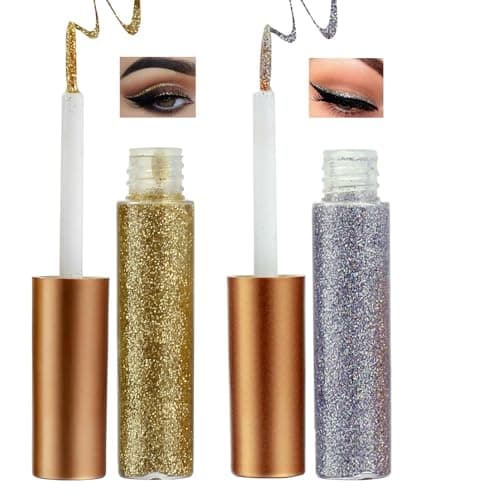 Image of 2PCS Glitter Liquid Eyeliner Set, Silver & Gold Waterproof Long-Lasting Eyeliners with Fine Brush Tip, Precise Colorful Shimmer Eye Liners for Bold and Sparkling Makeup Looks