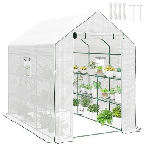 Image of Outsunny Walk-in Greenhouse with 3 Tier 12 Shelves, Small Greenhouse with Reinforced PE Cover, Garden Plant Growhouse with Roll-up Door and Three Mesh Windows, 140 x 213 x 190 cm, White