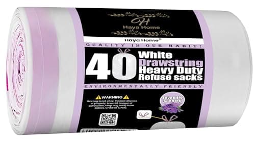 Image of H Haya Home Heavy Duty Drawstring Bin Bags 61×73 cm 40 Large White Rubbish Bags 30–45 L Strong Leak‑Proof Refuse Sacks, Tear‑Resistant LDPE Waste Liners for Kitchen, Garden, Office, Household