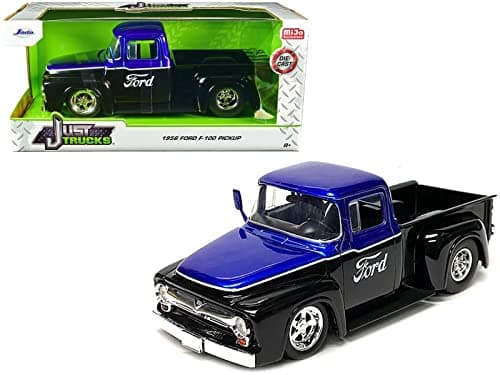 Image of 1956 F-100 Pickup Truck Black and Blue Metallic with Graphics Just Trucks Series 1/24 Diecast Model Car by Jada 34307