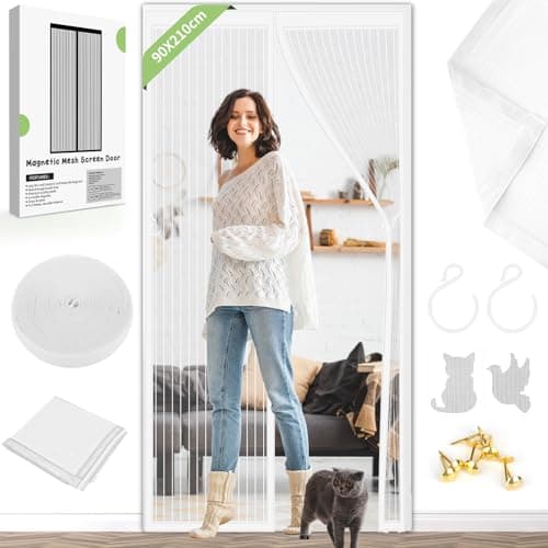 Image of Magnetic Fly Screen Door Curtain - Fly Curtains 90X210cm for Doors with Powerful Magnets and Full Frame Magic Tape, Fly Nets for Doors Without Drilling, Suitable for Patio Doors Balcony Bedroom(White)
