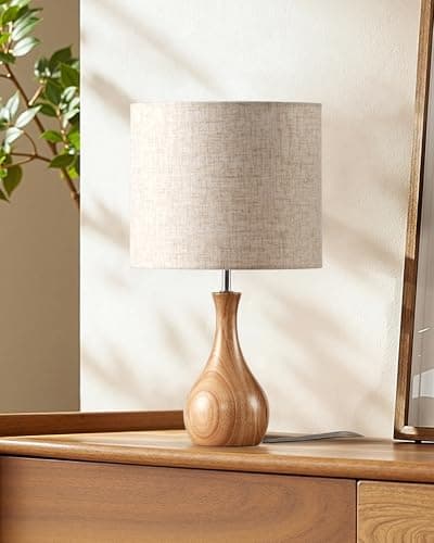 Image of GOEBLESON Table Lamp, Wood Desk Lamp with Bottle-Shaped Base & Linen Lampshade, Bedside Lamp with Cable, E27 Base, 2700K LED Bulb Included, for Living Room, Bedroom, Beige and Natural ZME09TLK05N1