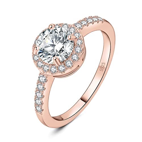Image of JewelryPalace 1.5ct Cubic Zirconia Round Cut Halo Engagement Rings for Her, 14K Rose Gold Plated 925 Sterling Silver Promise Ring for Women, Simulated Diamond Anniversary Ring Jewellery Sets P