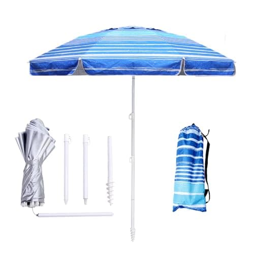 Image of LOTTAFUN 6.5ft Beach Umbrella - Heavy Duty Wind Resistant UV 50+ Portable Sun Shade with Sand Anchor & Carry Bag, Outdoor Folding Umbrella for Beach, Pool, Patio, Garden (Blue Stripe)