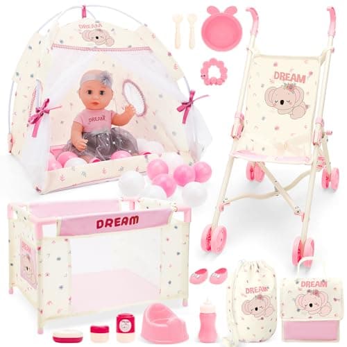Image of deAO Baby Doll Stroller Playset for Kids Baby Doll Accessories with 14" Doll, Cot and Pram, Play Tent, Feeding Set, Storage Travel Bag and Balls, Pretend Play Nursery Set for Girls Toddlers