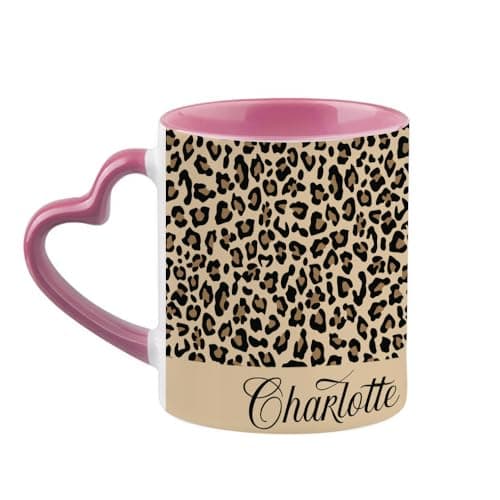 Image of Getagift Personalised Cheetah Print Mug Custom Name, Leopard Print, Animal Print, Heart Handle Coffee, Tea Mug. (Pink)