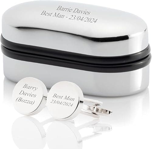 Image of Personalised Silver Plated Best Man Cufflinks In Engraved Chrome Case - Engraved With Your Custom Text - 4 Shapes To Choose From