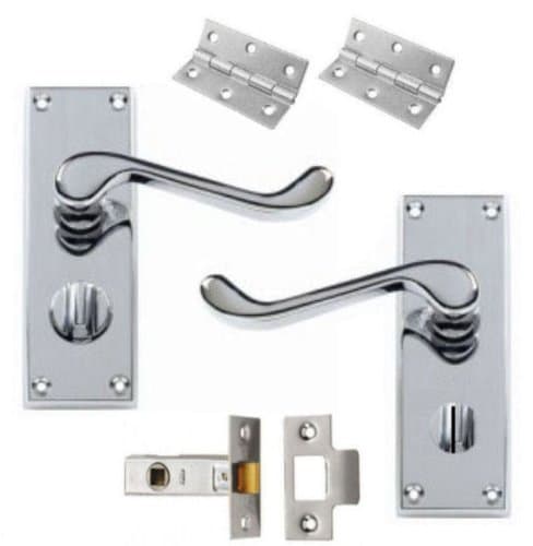 Image of Golden Grace Victorian Scroll Door Handle in Polished Chrome Finish with Hinges & 63mm Latch - Privacy Pack - 120mm