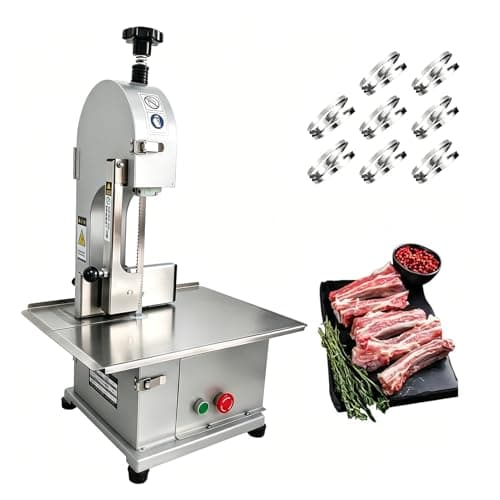 Image of JIMINHUIXIN 1100W Commercial Bandsaw Machine – Stainless Steel Electric Bone Saw, 44x31cm Workbench, 0-13cm Thickness Adjustment, Frozen Meat Cutter with 8 Blades for Chicken Venison Lamb