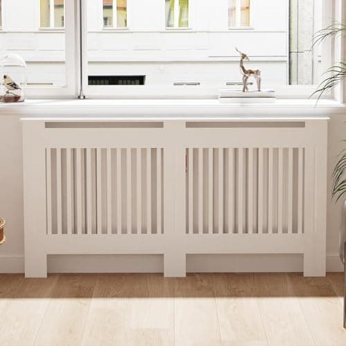 Image of High Radiator Cover Wood Cabinet: Internal Height 100cm Large White Heater Covers Vertical Slats Modern Tall Radiator Shelf Thicken MDF Wooden Kitchen Bedroom Cabinet Home Furniture