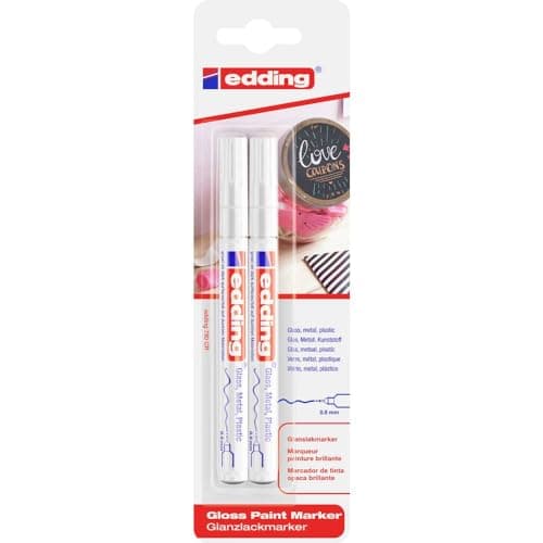 Image of edding 780 gloss paint marker - white - pack of 2 paint markers - extra-fine round tip 0.8 mm - paint pen for glass, pebbles, wood, plastic, paper - waterproof, high coverage