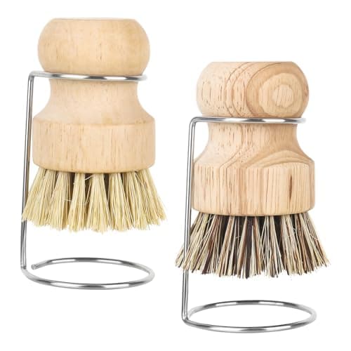 Image of XTDMJ Pack of 2 Bamboo Palm Brush with 2 Drain Racks, wooden washing up brush Scrub Brush for Dish Pots Pans Kitchen Sink Cleaning for Washing Dishes, Pots, Pans & Sink