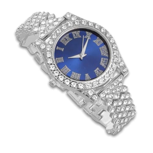 Image of richhut Luxury Diamond Watch for Kids Teen - Iced Out Bling Platinum Plated - 37mm Round Blue Dial Strap 20cm - Giftbox Included