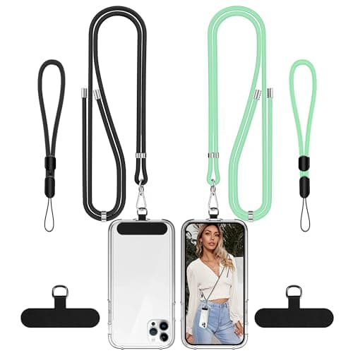 Image of COCASES Phone Lanyard Crossbody 2 Pack Adjustable Anti-Theft iphone Strap Crossbody and 2 Pack Wrist Strap for Neck Strap iphone Lanyard Compatible with Most Mobile Phone-2 Patches Black/Lightgreen