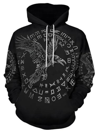 Image of JooMeryer Men's Viking Totem 3D Print Long Sleeve Hoodies Pullover Sweatshirt, Z - Raven Runes, Medium