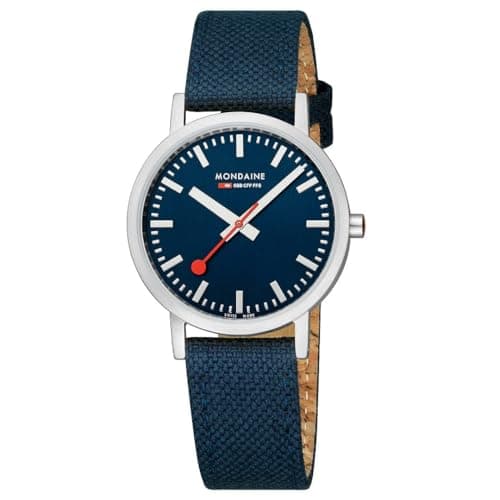 Image of Mondaine Classic Collection Watch 36mm Deep Ocean Blue Dial Recycled PET Textile Strap Stainless Steel Case Timeless Minimalist Design Quick-Change System
