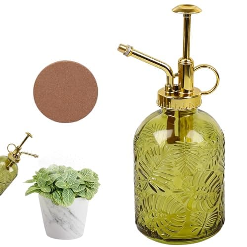 Image of HX-pyahgtv Glass plant mister Spray Bottle for inside plant sprayer miste Clear Water Bottle with Gold Top Pump Mit Table mat Small Plant Mister for Indoor Outdoor Houseplants（Green+Gold,360ml）