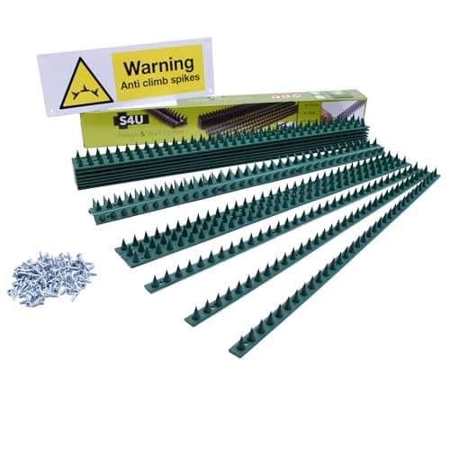 Image of S4U Fence Wall Spikes Garden Security Guard Anti-Pigeon Cat Bird Spikes Intruder Pest Deterrent 50 x 4.5 x 1.5cm Warning Sign & Screws Included (5m, 10pcs - Green)