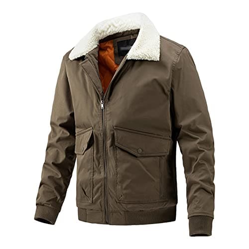 Image of Men's Canvas Utility Work Coat Casual Washed Cotton Military Jackets Lightweight Soft Twill Fleece Lined Outdoor Coats (Khaki,4XL)