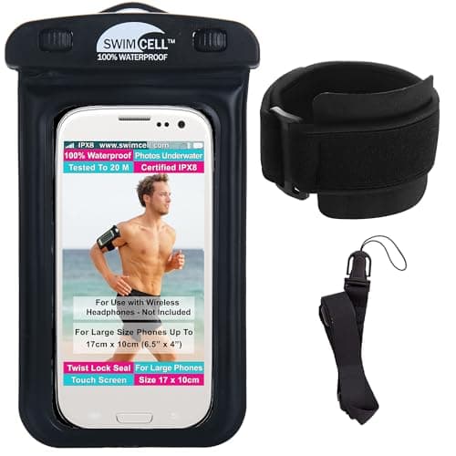 Image of Waterproof Phone Holder Armband Case - For Swimming Running Walking NO Headphone Jack. Fits LARGE Size phones up to 17cm- iPhone, Samsung Galaxy S. Android. Hi-Vis Armband and Neck Lanyard. Black