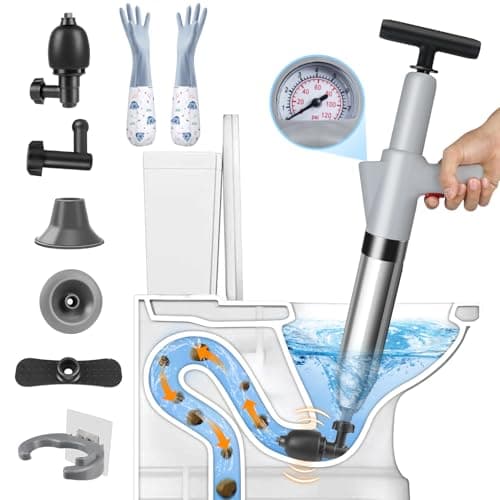 Image of inShareplus Toilet Plunger, Grey Toilet Unblocker Heavy Duty, High Pressure Plunger Kit with 4 Replaceable Heads and 1 Gloves Plunger Sink Unblocker for Unblocking Toilets, Sink, Bathtub, Floor, Drain