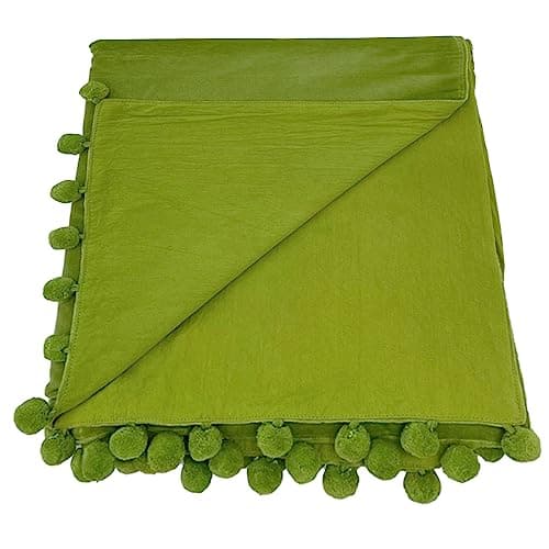 Image of Ragged Rose 140 cm x 180 cm Throw Blanket - Pom Pom Throw Made of Cotton Velvet with Pompom Trims on Sides - Versatile Cotton Velvet Blanket for Sofa & Bed