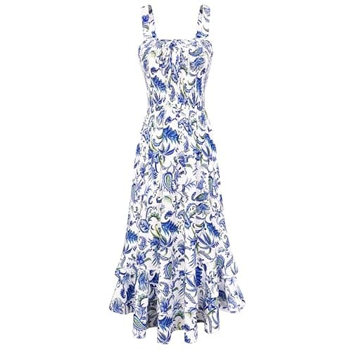 Image of GRACE KARIN Women Summer Strappy Floral Maxi Dress Square Neck Dual Layer Hem Smocked Dress L White Blue Paisley