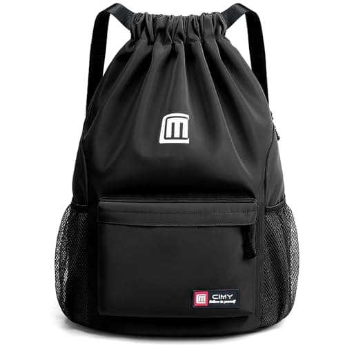 Image of Tesmien Drawstring Bags,Waterproof Swimming Bags Unisex Sports Backpacks for Kids Adult, Large Drawstring Sackpacks Bags for School Gym Sports Travel Swimming-Black